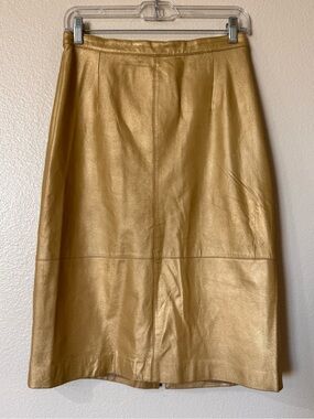 Vintage Santa Fe Gold Metallic Genuine Leather Skirt Elastic Waist Size 8
